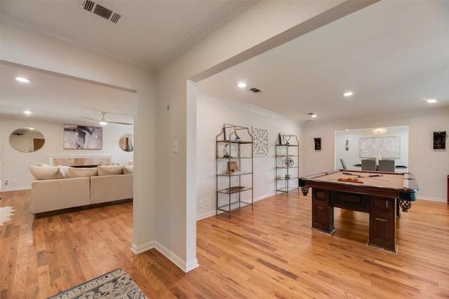 5820 Forest Ln, Dallas, TX 75230 - recreation room featuring ornamental molding, light wood-style flooring, pool table, recessed lighting, and ceiling fan