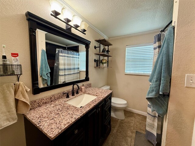603 N Mesquite St, Hico, TX 76457 - full bathroom with vanity, crown molding, a textured ceiling, tile patterned flooring, and a textured wall