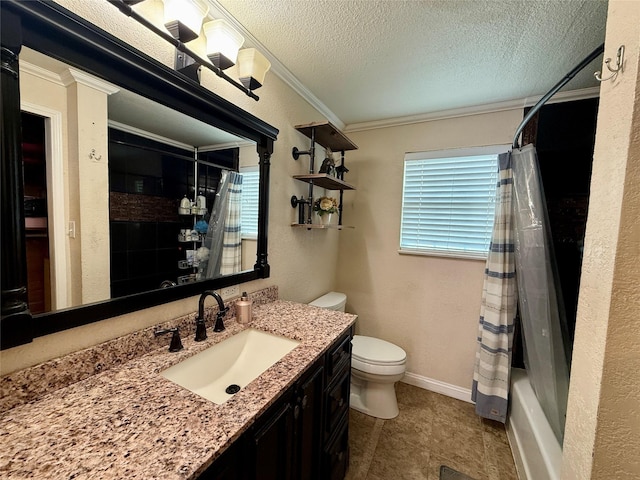 603 N Mesquite St, Hico, TX 76457 - bathroom featuring crown molding, vanity, a textured ceiling, shower / tub combo with curtain, and a textured wall