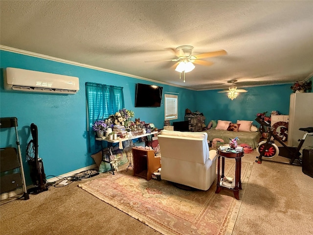 603 N Mesquite St, Hico, TX 76457 - living area featuring a wall mounted air conditioner, ornamental molding, a ceiling fan, carpet, and a textured ceiling