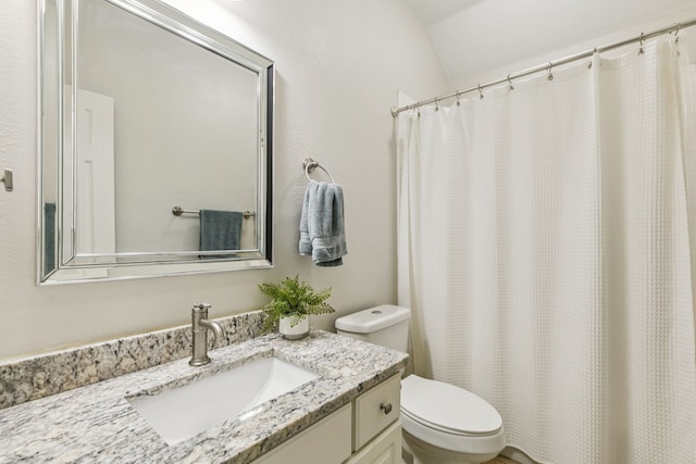 7105 Stoneridge Dr, Frisco, TX 75034 - full bathroom with vanity, vaulted ceiling, and a shower with curtain