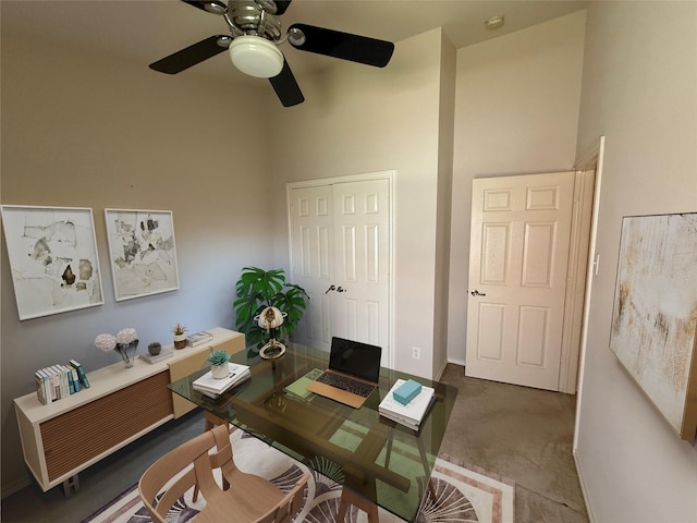 6437 Regina Dr, Fort Worth, TX 76131 - carpeted office space featuring a ceiling fan and a towering ceiling