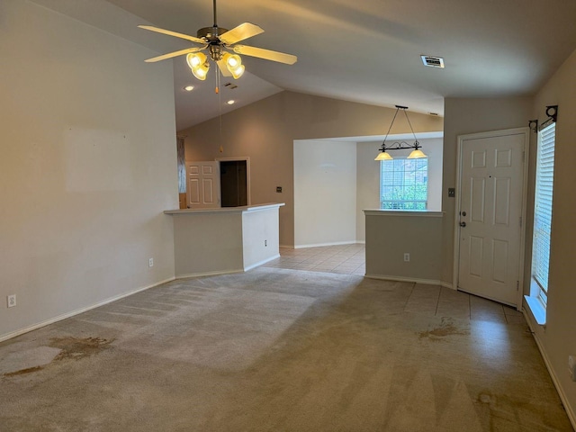 6437 Regina Dr, Fort Worth, TX 76131 - unfurnished living room with vaulted ceiling, ceiling fan, and carpet flooring