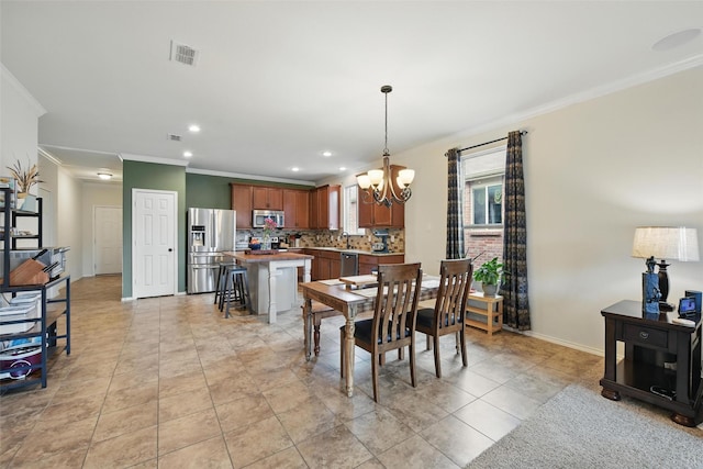 7732 Anatolian Way, Fort Worth, TX 76131 - dining space featuring crown molding, a chandelier, recessed lighting, and light tile patterned floors