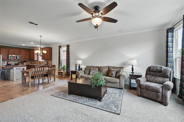 7732 Anatolian Way, Fort Worth, TX 76131 - living room featuring ornamental molding, ceiling fan, a chandelier, light carpet, and recessed lighting