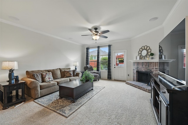 7732 Anatolian Way, Fort Worth, TX 76131 - living room with crown molding, ceiling fan, a brick fireplace, and light carpet