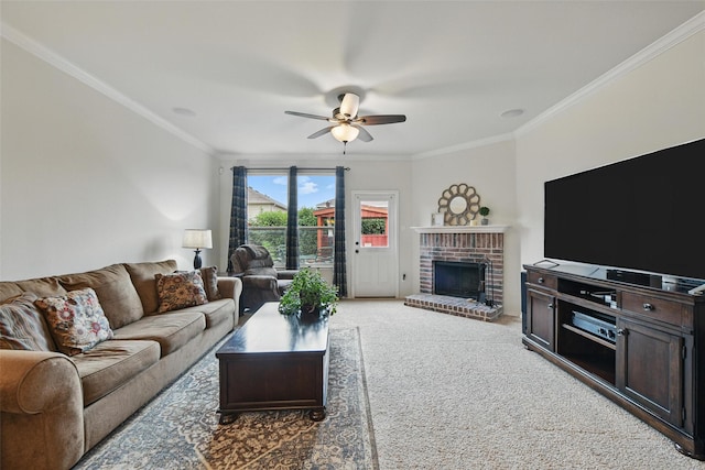 7732 Anatolian Way, Fort Worth, TX 76131 - living area featuring a ceiling fan, ornamental molding, a brick fireplace, and light colored carpet