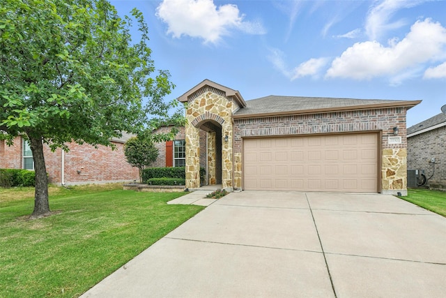 7732 Anatolian Way, Fort Worth, TX 76131 - french provincial home with brick siding, driveway, stone siding, a front yard, and a garage