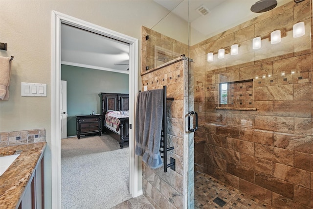 7732 Anatolian Way, Fort Worth, TX 76131 - ensuite bathroom featuring a stall shower, ornamental molding, and vanity