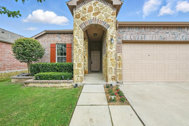 7732 Anatolian Way, Fort Worth, TX 76131 - doorway to property with stone siding, driveway, a garage, brick siding, and a yard