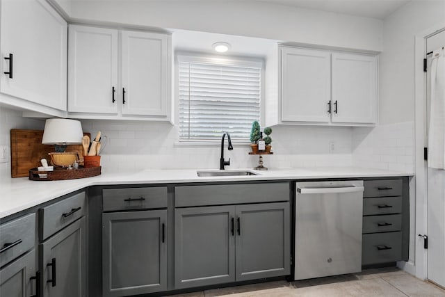 1905 S 51st St, Temple, TX 76504 - kitchen featuring stainless steel dishwasher, gray cabinets, decorative backsplash, and light countertops