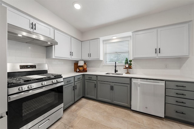 1905 S 51st St, Temple, TX 76504 - kitchen featuring appliances with stainless steel finishes, under cabinet range hood, gray cabinets, tasteful backsplash, and recessed lighting