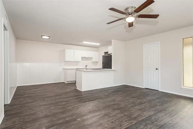 5020 Donnelly Ave Unit 5022, Fort Worth, TX 76107 - unfurnished living room featuring dark wood-style floors, ceiling fan, and wainscoting