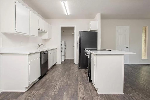 5020 Donnelly Ave Unit 5022, Fort Worth, TX 76107 - kitchen featuring range with electric stovetop, washing machine and dryer, dishwasher, dark wood-style floors, and white cabinets