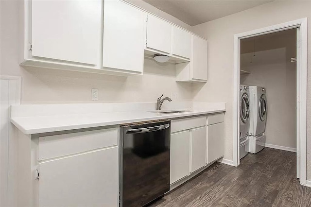 5020 Donnelly Ave Unit 5022, Fort Worth, TX 76107 - kitchen featuring dishwasher, washing machine and clothes dryer, white cabinets, light countertops, and dark wood-style floors