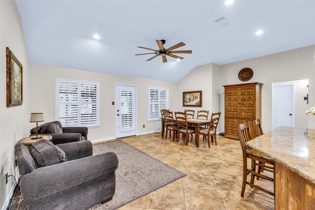 529 Cambridge Dr, Saginaw, TX 76179 - living area featuring a ceiling fan, vaulted ceiling, and recessed lighting