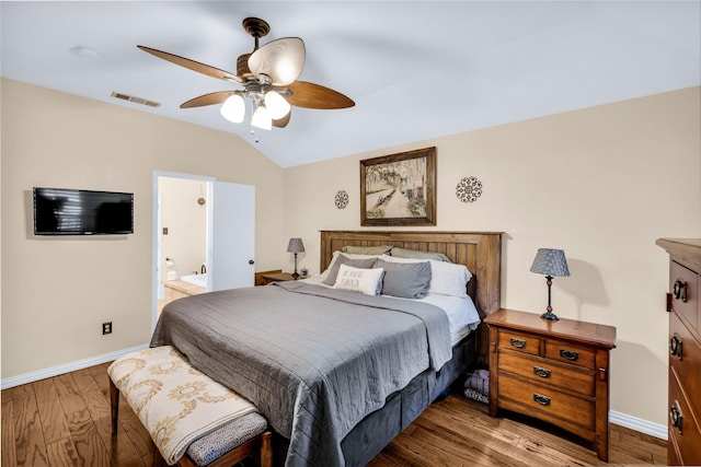 529 Cambridge Dr, Saginaw, TX 76179 - bedroom featuring lofted ceiling, wood finished floors, a ceiling fan, and ensuite bathroom