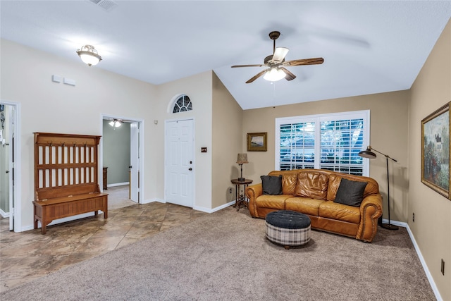 529 Cambridge Dr, Saginaw, TX 76179 - living area featuring ceiling fan, lofted ceiling, and carpet flooring