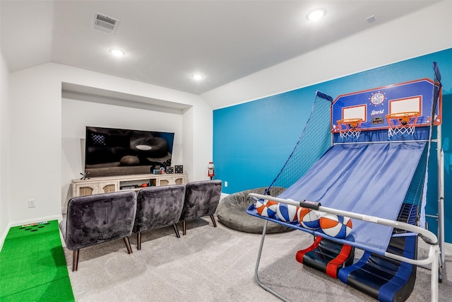 2413 Latimer Mews, Celina, TX 75009 - rec room with lofted ceiling, carpet floors, and recessed lighting