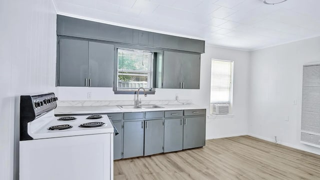 107 Quillen, Whitesboro, TX 76273 - kitchen featuring electric stove, a heating unit, light wood-type flooring, and healthy amount of natural light