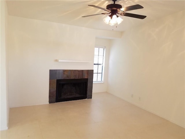 4748 Old Bent Tree Ln Unit 906, Dallas, TX 75287 - unfurnished living room with a fireplace, ceiling fan, and tile patterned floors