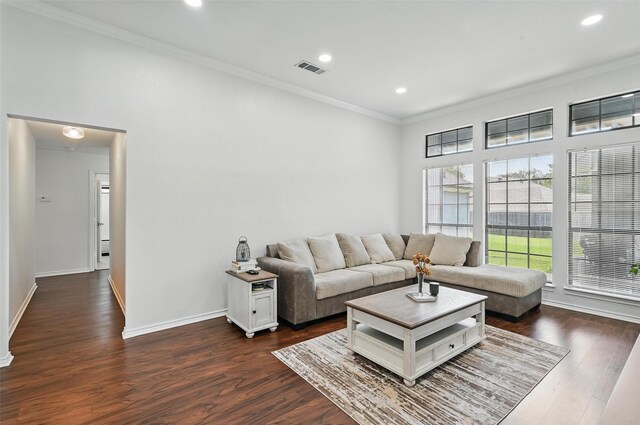 4003 Tuscany Ln, Arlington, TX 76016 - living room with crown molding, dark wood-style flooring, and recessed lighting