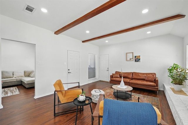 4003 Tuscany Ln, Arlington, TX 76016 - living room featuring dark wood-style floors, beam ceiling, and recessed lighting