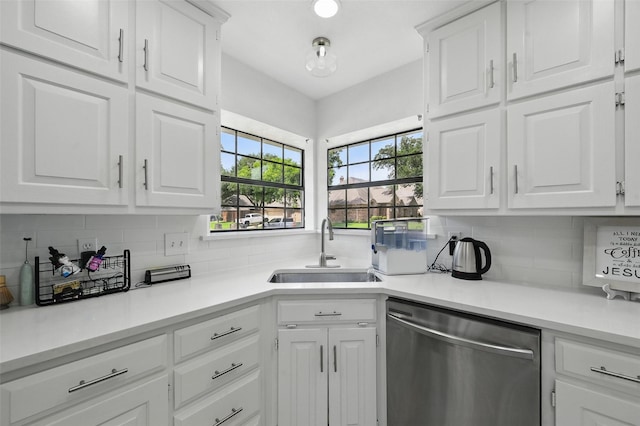 4003 Tuscany Ln, Arlington, TX 76016 - kitchen with dishwasher, white cabinetry, tasteful backsplash, and light countertops