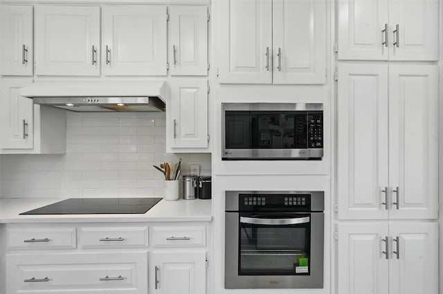 4003 Tuscany Ln, Arlington, TX 76016 - kitchen featuring appliances with stainless steel finishes, under cabinet range hood, white cabinetry, tasteful backsplash, and light countertops