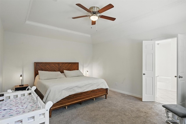 4003 Tuscany Ln, Arlington, TX 76016 - bedroom with crown molding, carpet floors, ceiling fan, and ensuite bathroom