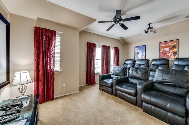 2748 Indian Oak Dr, Mckinney, TX 75071 - cinema room featuring ceiling fan, carpet, and vaulted ceiling