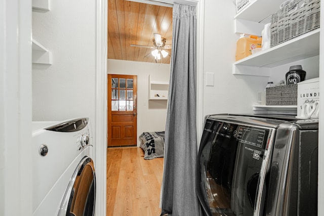 3615 7th St, Sachse, TX 75048 - laundry area featuring washing machine and dryer, wooden ceiling, wood finished floors, and ceiling fan