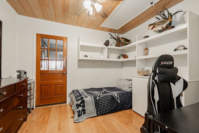3615 7th St, Sachse, TX 75048 - bedroom with wooden ceiling, light wood-style floors, and a ceiling fan