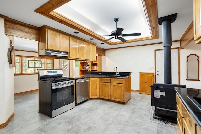 1933 E Hickory Hill Rd, Argyle, TX 76226 - kitchen with appliances with stainless steel finishes, under cabinet range hood, a raised ceiling, dark countertops, and ceiling fan