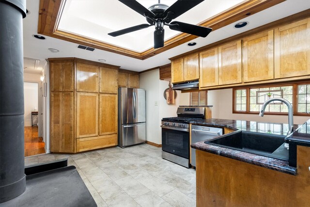 1933 E Hickory Hill Rd, Argyle, TX 76226 - kitchen featuring stainless steel appliances, a tray ceiling, under cabinet range hood, dark countertops, and a peninsula