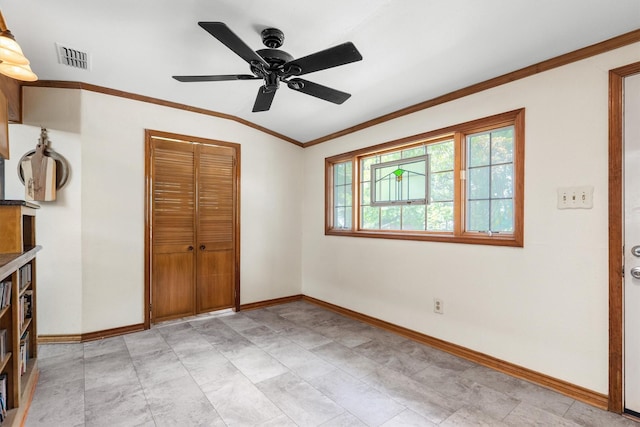 1933 E Hickory Hill Rd, Argyle, TX 76226 - unfurnished bedroom with lofted ceiling, ornamental molding, a closet, and ceiling fan