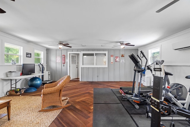 1933 E Hickory Hill Rd, Argyle, TX 76226 - workout area with a ceiling fan, attic access, an AC wall unit, and ornamental molding