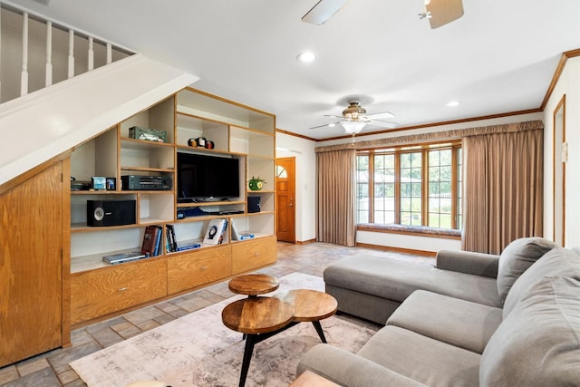 1933 E Hickory Hill Rd, Argyle, TX 76226 - living area featuring crown molding, a ceiling fan, recessed lighting, and light stone finish flooring