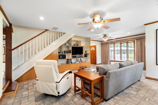 1933 E Hickory Hill Rd, Argyle, TX 76226 - living room featuring stone finish flooring, stairway, ceiling fan, crown molding, and recessed lighting