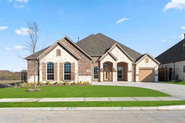 3148 Bryne Ln, Rockwall, TX 75087 - french provincial home featuring stone siding, driveway, brick siding, a garage, and a shingled roof