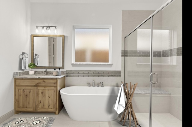 3148 Bryne Ln, Rockwall, TX 75087 - bathroom with a soaking tub, vanity, and a shower stall