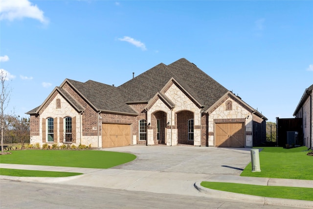 3148 Bryne Ln, Rockwall, TX 75087 - french country inspired facade with stone siding, roof with shingles, a garage, and concrete driveway