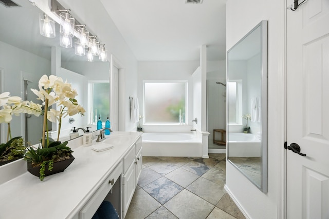 1608 Highland Oaks Dr, Keller, TX 76248 - bathroom featuring a bath, vanity, an enclosed shower, and tile patterned floors