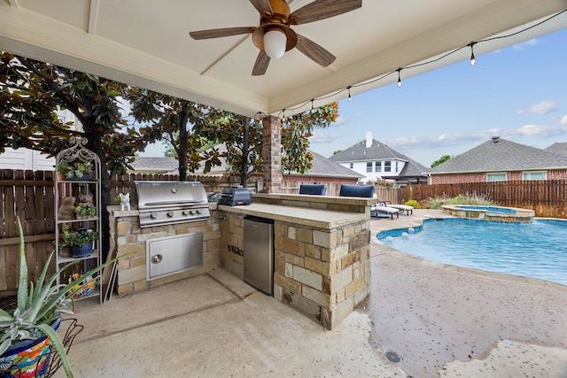 1608 Highland Oaks Dr, Keller, TX 76248 - fenced backyard with an outdoor kitchen, an in-ground hot tub, a patio, and a ceiling fan