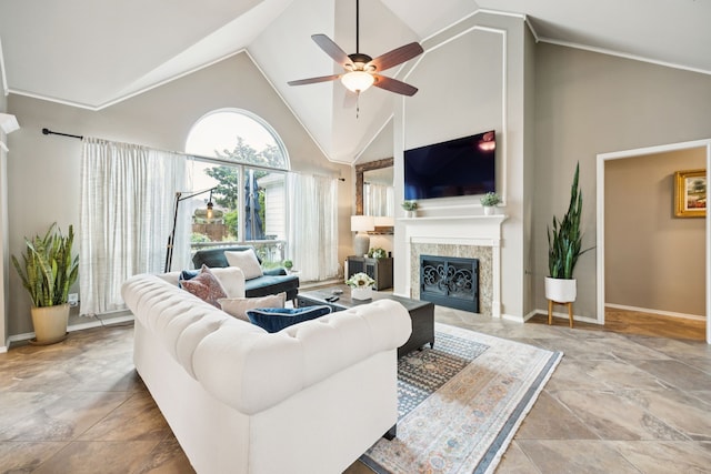 1608 Highland Oaks Dr, Keller, TX 76248 - living room with ceiling fan, stone finish floors, a fireplace, and high vaulted ceiling