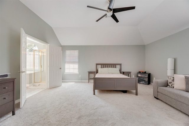 2525 Amber Ln, Flower Mound, TX 75028 - carpeted bedroom with vaulted ceiling, ceiling fan, and ensuite bathroom