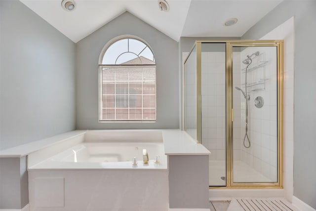 2525 Amber Ln, Flower Mound, TX 75028 - full bath with a shower stall, a bath, vaulted ceiling, and tile patterned flooring
