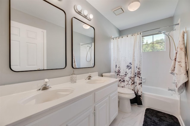 2525 Amber Ln, Flower Mound, TX 75028 - bathroom featuring shower / bathtub combination with curtain, double vanity, and marble look tiles