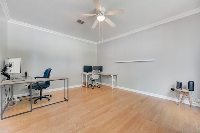 2525 Amber Ln, Flower Mound, TX 75028 - office featuring ceiling fan, ornamental molding, and wood finished floors
