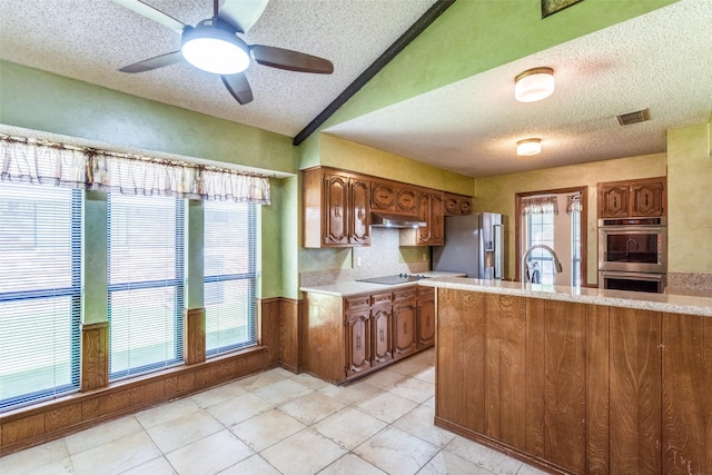 3404 Appalachian Way, Plano, TX 75075 - kitchen featuring appliances with stainless steel finishes, a textured ceiling, light countertops, lofted ceiling, and under cabinet range hood